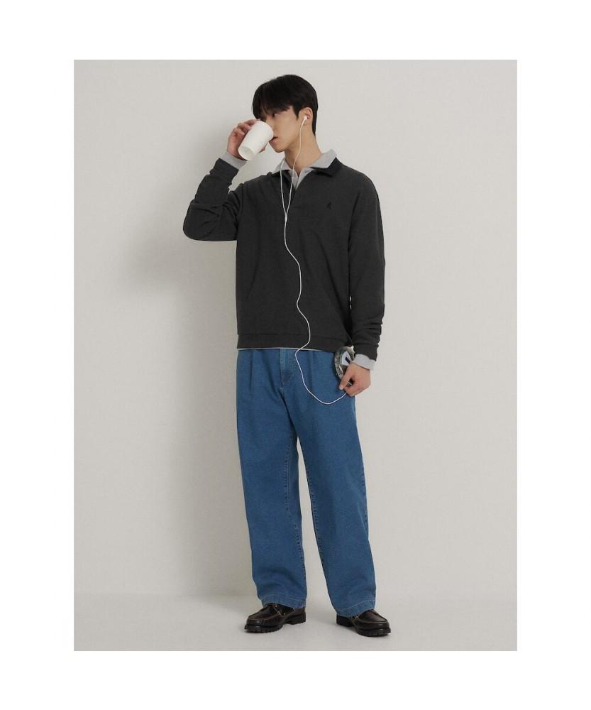 Binpolmen Collared Contrast Long Sleeve T-Shirt Ash