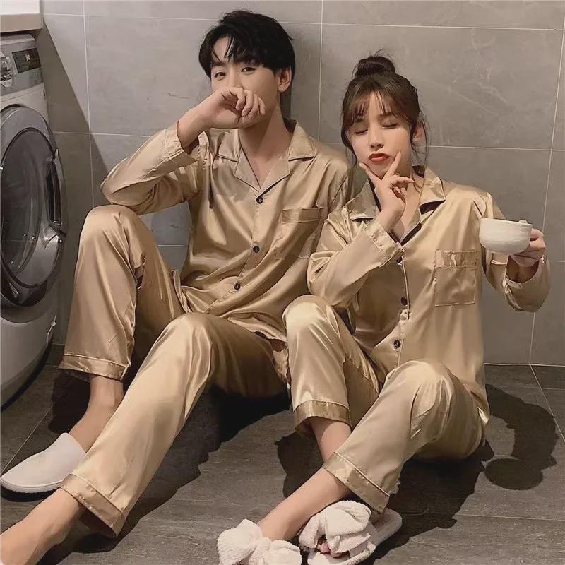 Unisexové korejské pyžamo z imitace hedvábí: Kardiganový set s dlouhým rukávem na jaro a podzim