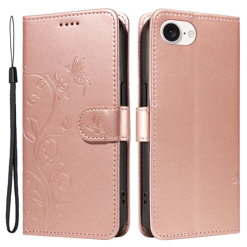 

For iPhone 16e PU Leather Cases Flower Pattern Wallet Stand Phone Cover with Strap Rose Gold