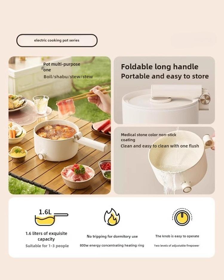 1.6L Foldable Handle Non-Stick Electric Pot, Multi-Function Cooker for Home/Dorm/Solo | Noodles, Hot Pot, Soup, Compact Design