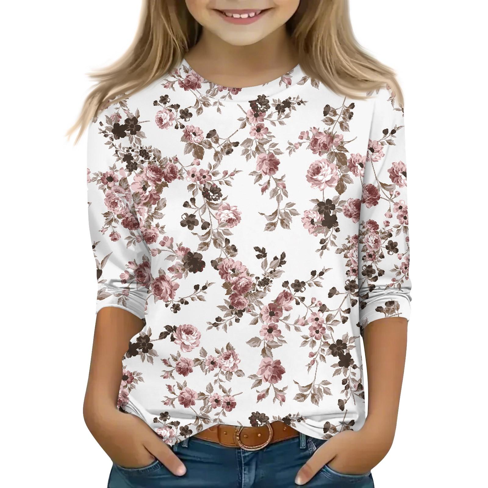 

Топы с принтом для девочек 5-16 лет с круглым вырезом и рукавами 3/4 Футболки Модные топы Наряды Футболки 160 белый