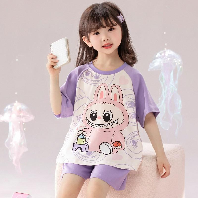 Cotton Short Sleeve Pajama Set Girls Cartoon Print Loose Sleepwear Home Outfit 2025