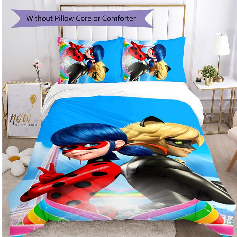 Miraculous Ladybug Cartone Animato Stampato Set Biancheria da Letto 3 Pezzi Copripiumino Morbido Traspirante Federe Set Lavabile Decorazione Camera da Letto Regalo per la Casa
