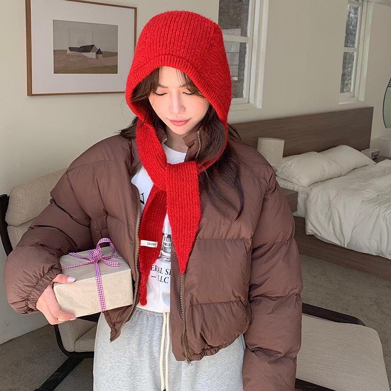 

Корейский зимний вязаный шарф и шапка в комплекте с защитой ушей M (56-58cm) красный