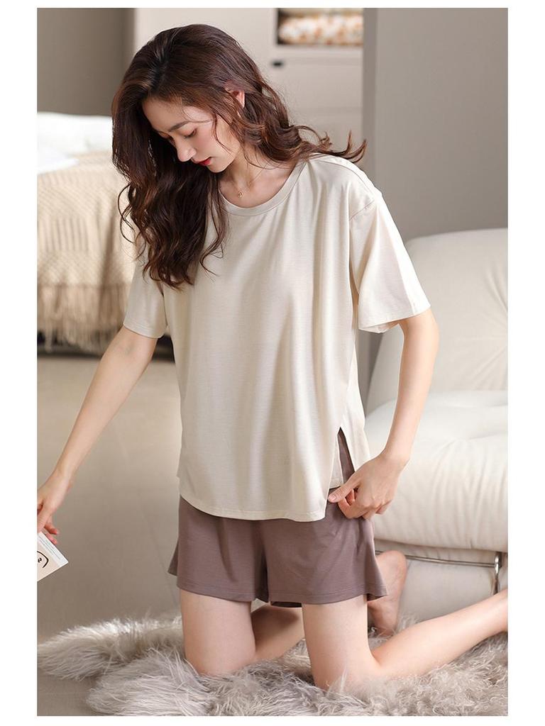 Women's Summer Modal Pajama Set with Chest Pad - Short Sleeve and Shorts, Cool Rayon, Anti-Bump, Suitable for Outdoor Wear