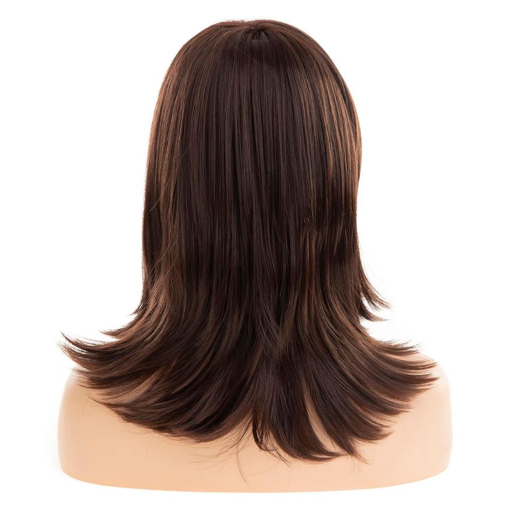 Medium Length Hair Natural Golden Brown Wig Synthetic Straight Wigs with Bangs for Women Daily Cosplay Party Heat Resistant Fibre