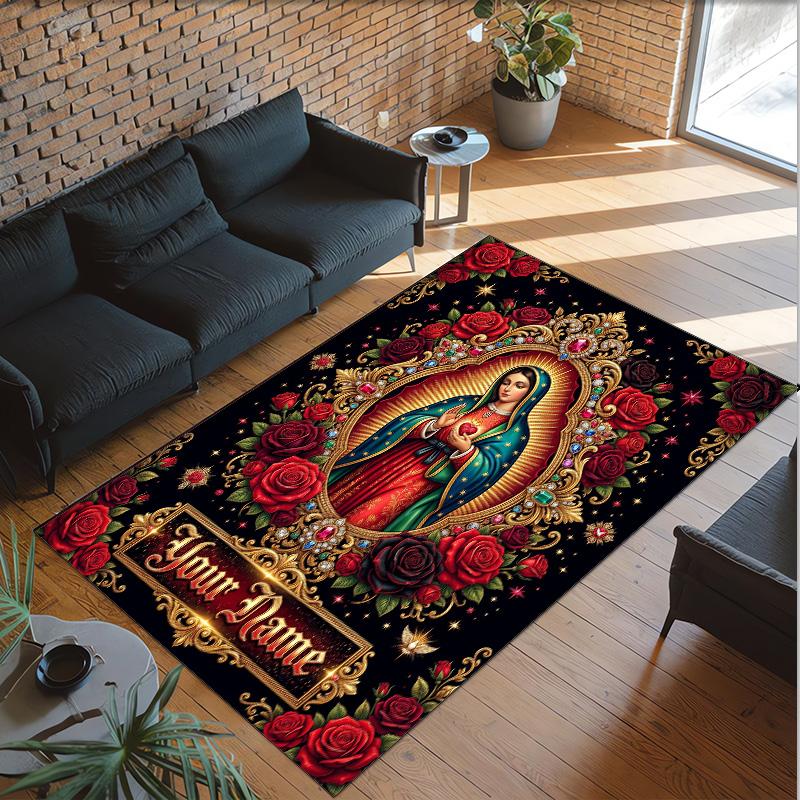 Virgin Mary Theme Crystal Velvet Rug Personalized Custom Name Text Soft Floor Mat Home Decor