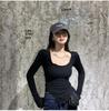 Women's Gray Long-Sleeve Tight Fit Short T-Shirt, Autumn 2025 Fashion.