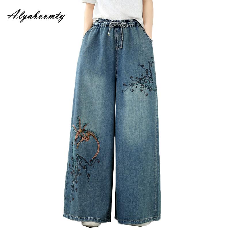 Large Size Spring Summer Women Straight Jeans Drawstring Elastic Waist Embroidery Oversized Baggy Denim Pants Retro Classical Ladies' Jeans