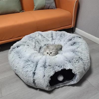 Plush Cat Tunnels Bed for Indoor Cats, Large Cat Donut Tunnel 3 Forms Peekaboo Cat Cave with Cushion Multifunctional Cat Toys