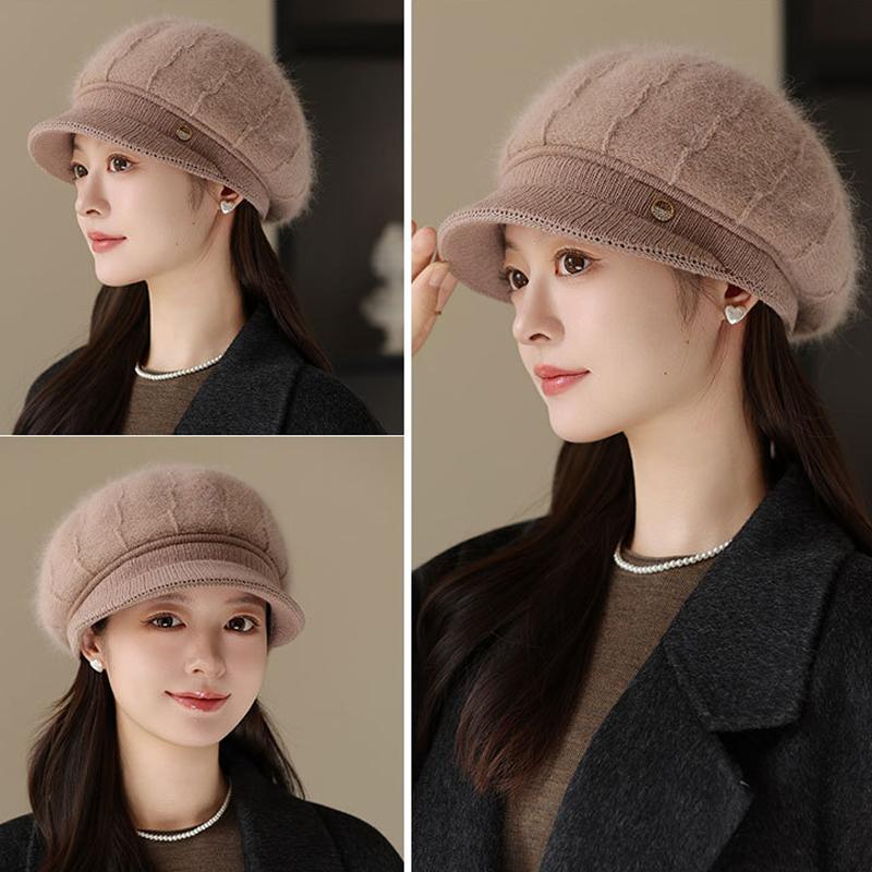 Middle-Aged and Elderly Thick Rabbit Fur Duck Tongue Beret Outdoor Windproof Mother Warm Knitted Cap
