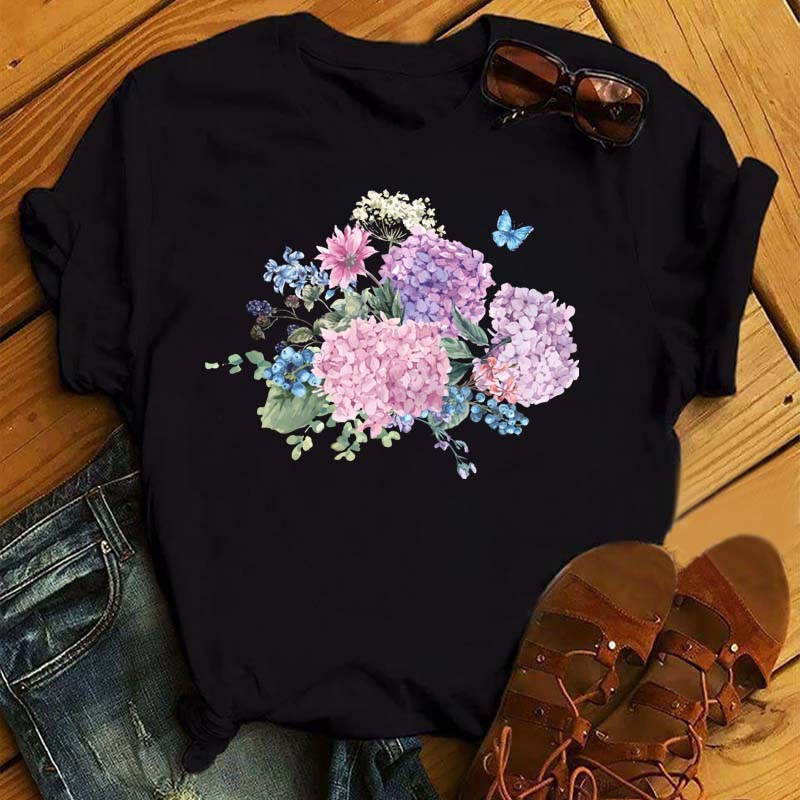 Women Flower Butterfly Fashion Print T Shirt Casual Short Sleeve Ladies T Tee Female Top Shirt Clothes Womens Graphic T-shirt