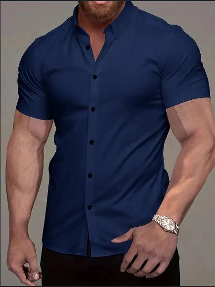 European And American Men'S Short-Sleeved Shirt 3D Digital Printing Casual Versatile Solid Color Muscle Men'S Lapel Shirt
