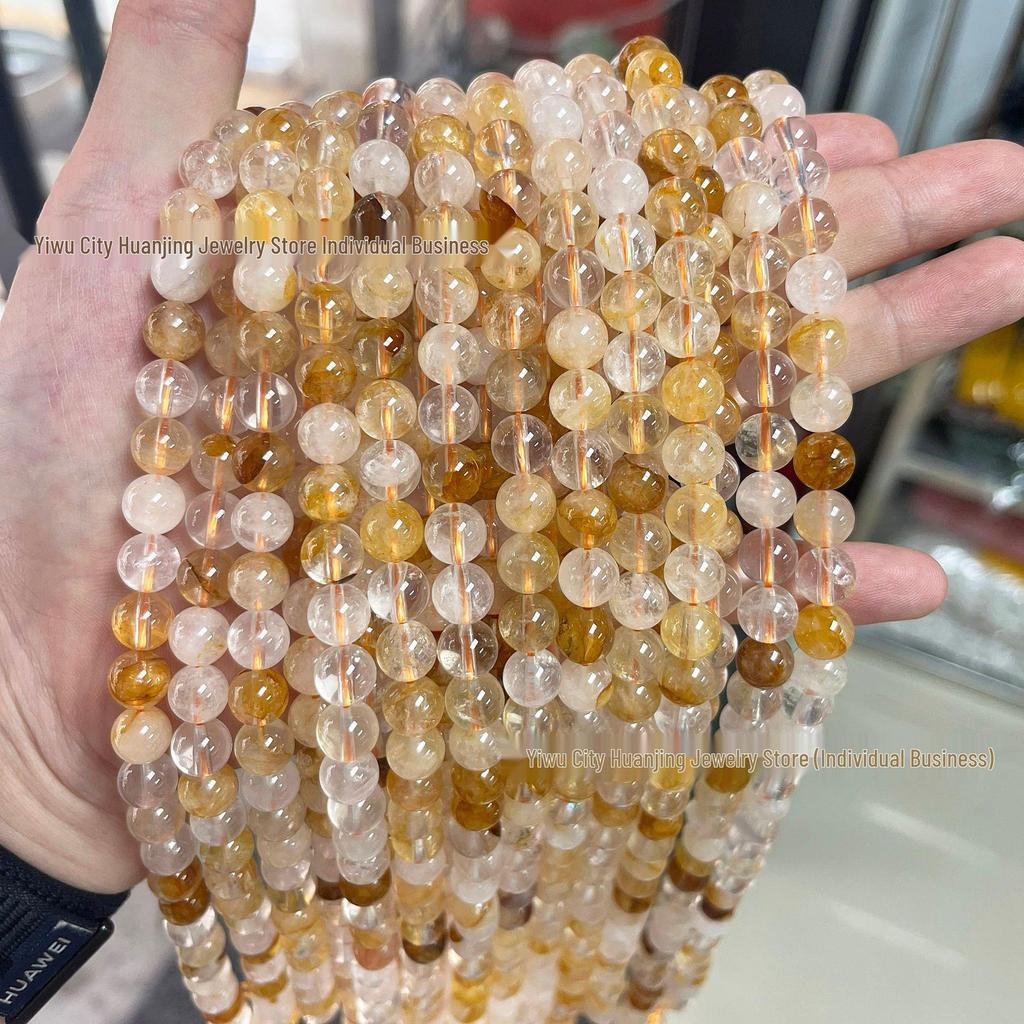 Huan Jing Jewelry 7a Natural Ice Yellow Rutilated Quartz Round Beads for DIY Bracelet Making