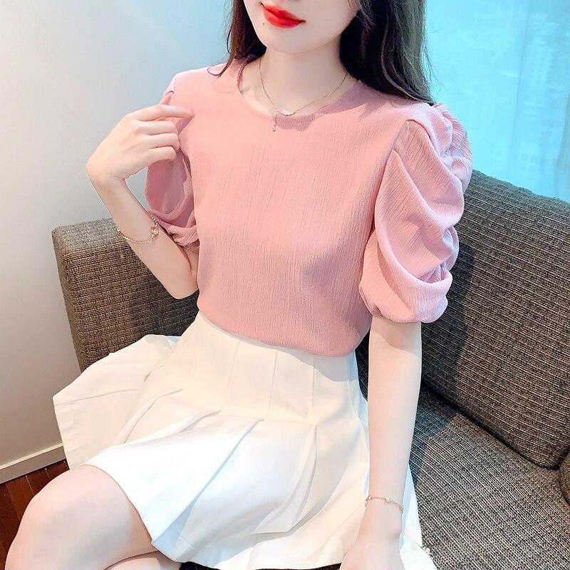 Women Shirts Office Lady Fashion Chiffon Tops Round Collar Sweet Short Puff Sleeve Blouse Solid Color Summer Clothes 27487