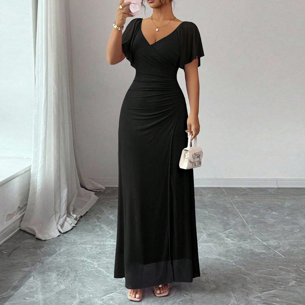 Damesmode V-hals Vliegende Mouw Split Avondjurk Jurk