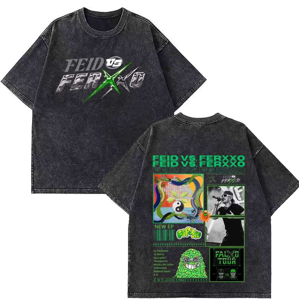 Rapper Feid Ferxxo Falxxo Tour 2026 Print Vintage Washed T-Shirt Herren Mode T-Shirt Kurzärmelig Lässig Baumwolle Lockere T-Shirts