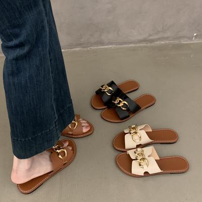 Mode Damen Hausschuhe Mode Metall Schnalle Flache Sandalen Slipper Sommer Schuhe Freizeit Casual Hausschuhe Runde Zehenpartie Designer Pantoletten Damen
