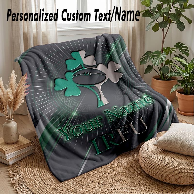 Ireland Rugby Custom Flannel Throw Blanket Print Your Name Text Soft Warm Blanket Holiday Present