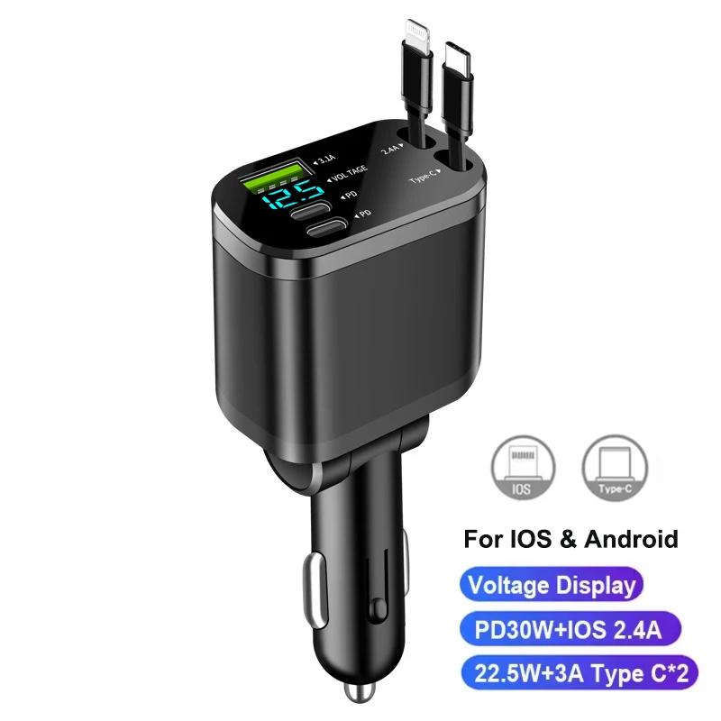 

Retractable Car Charger , 5 in 1 Super Fast Phone Charger Adapter, Auto Cellphone Charging Accessories with Dual Type C Cables