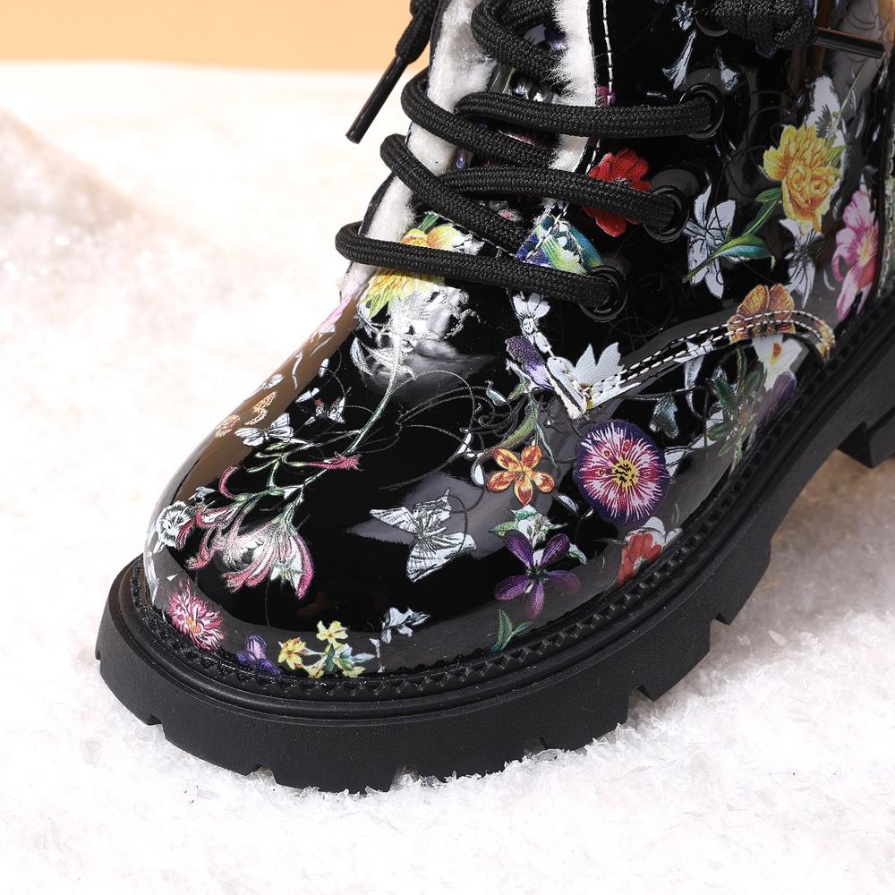 Winter Children Snow Boots For Girls Leather Flower Warm Plush Toddler Kids Shoes Non-slip Cotton Kids Boots