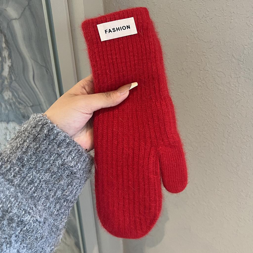 Solid color knit wool gloves winter women's 2025 new velvet warm windproof cold student riding tide