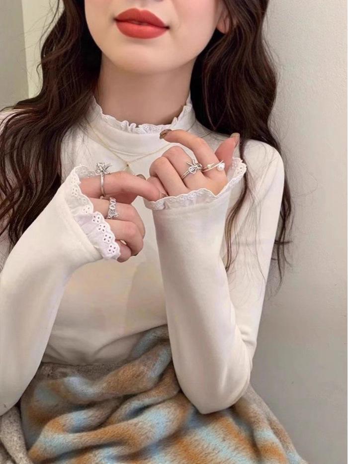 Korean Style Semi-High Neck Lace Patchwork Shirt - Women's Long Sleeve Autumn/Winter Top