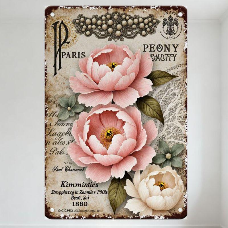 

Vintage Paris Peony Beauty Metal Tin Sign Aged Distressed Floral Decor with French Text & Copyright for Cafe Home Man Cave 20x30cm（7.8x11.8inch）