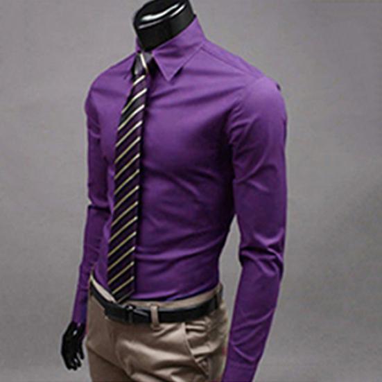 Men's Fashion Casual Solid Candy Color Long Sleeve Slim Fit Dress Shirt Top