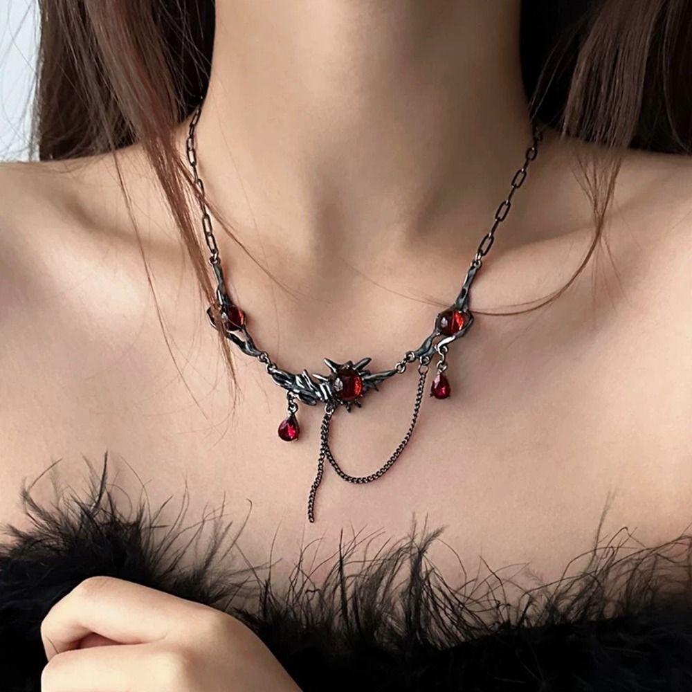 Dark Gothic Tassel Chain Choker Punk Collarbone Neck Chain Red Zircon Pendant Necklace  for Women