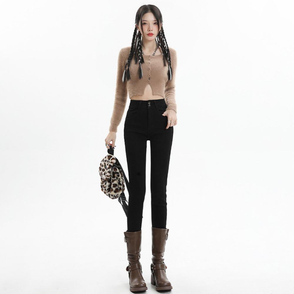 

Ленивый ветер джинсы с высокой талией женские 2025 новые бархатные осенне-зимние облегающие узкие джинсы-карандаш с маленьким клешем 32 чёрный