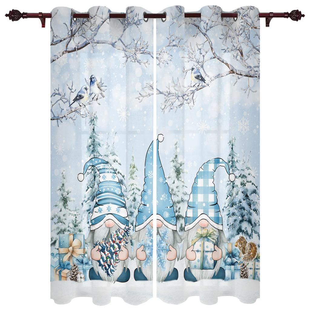 Christmas Winter Snowflake Dwarf Blue Window Curtains Decor Home Bedroom Kitchen Living Room Ornament Xmas Gifts Navidad Curtain Polyester Ideal For