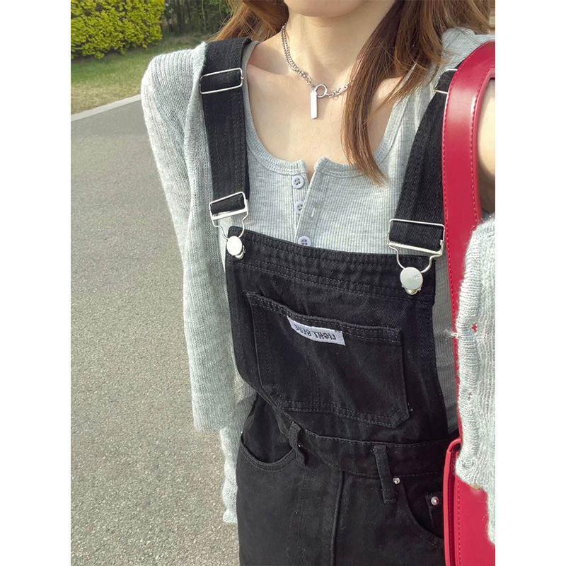 Women s Black Denim High Waist Loose Overalls - Slimming, Wide-Leg Jumpsuit for Spring/Summer Medium