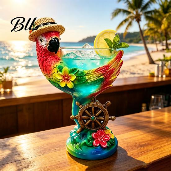 Figurina Animale in Resina Dipinta a Mano Tazza di Vetro Tema Oceano Tropicale 3D, Pappagallo Artistico e Regali Personalizzati Design Tartaruga, Colorata Decorativa