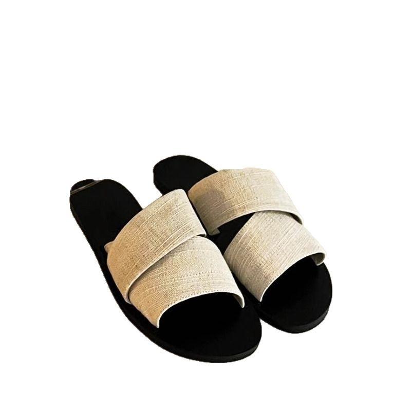 2025 new niche canvas open-toed lazy slippers wear one word broadband simple casual flat cool slippers women