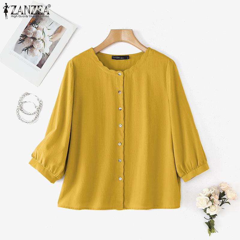 ZANZEA Women Casual Round Neck Summer 3/4 Sleeve Cotton Blouse