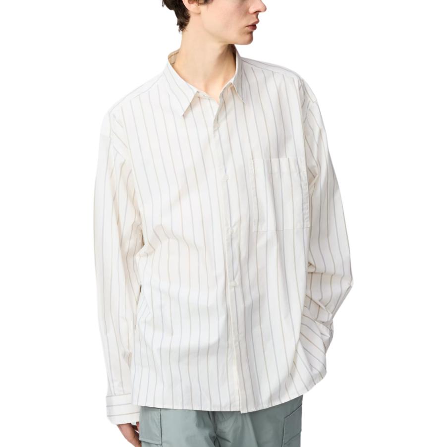 Uniqlo Proužkovaný límec Jedna kapsa Knoflíky Volná Ležérní Dlouhý rukáv Koš Unisex košile 476025-30