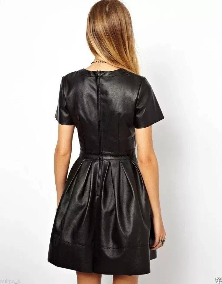 New Women's Round Neck Leather Dress Real Lambskin Style Slim Fit Trendy Fashion