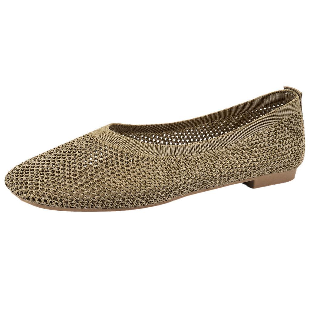 European and American new large-size autumn fly-woven mesh breathable low-top single shoes women's hollow solid-color square-head beanie shoes