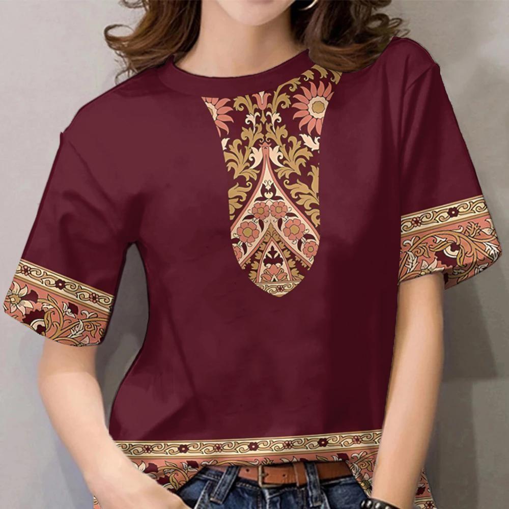 Retro ethnic style T-shirt women s fashionable short sleeved top XS