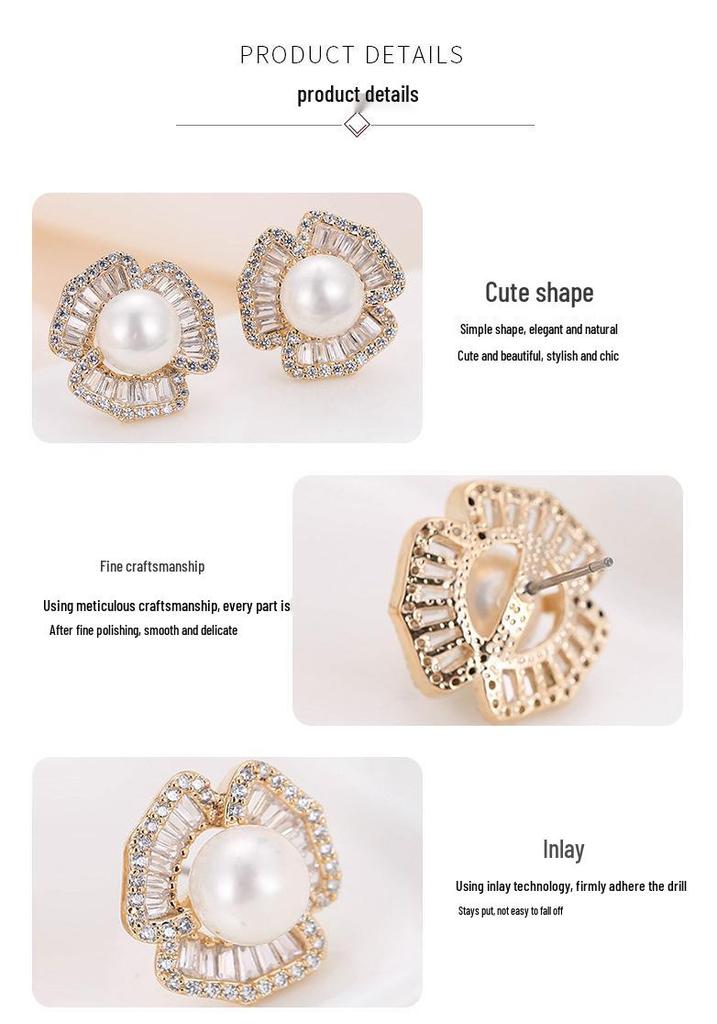 Elegant Pearl and Rhinestone Stud Earrings - Women's Stylish European and American Copper Accessories