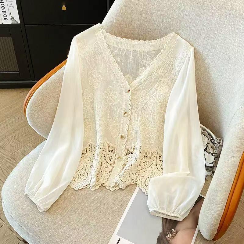French Lace Crochet Patchwork Chiffon Cardigan - Long Sleeve Retro Design