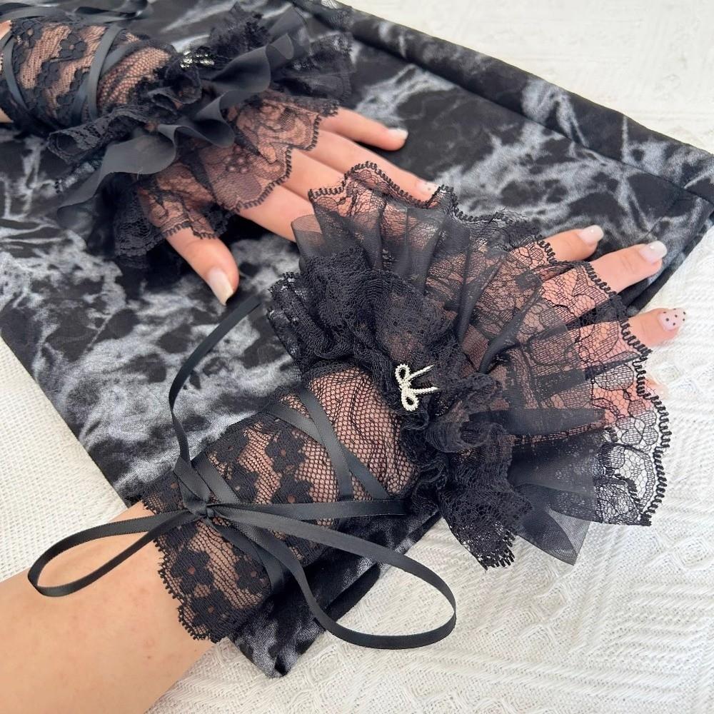 Flare Style Lace Wrist Cuffs Silk Ribbon Flare Cuffs Vintage Ruffles Gloves  Girl