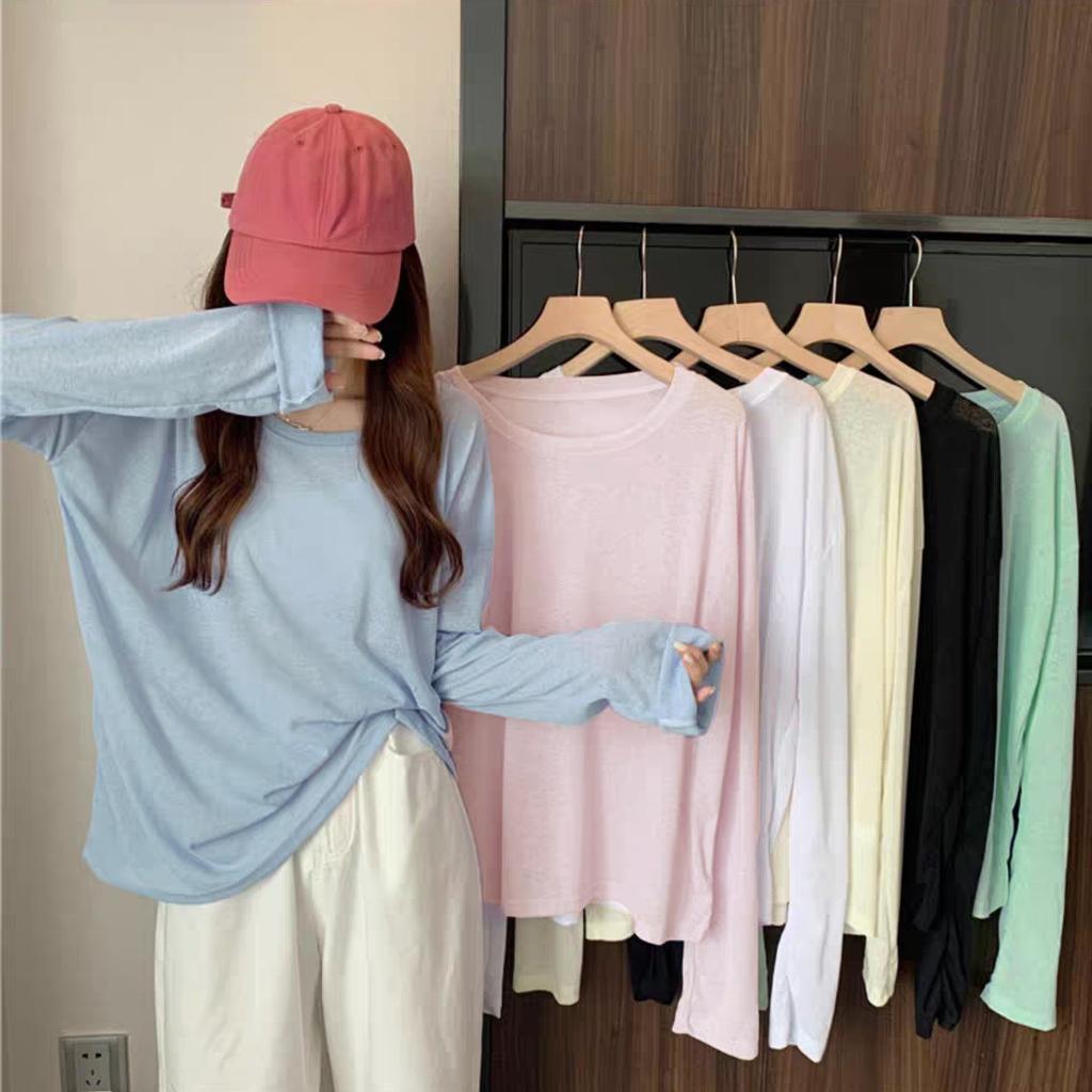 Summer solid Long Sleeve T-shirts Women's Casual loose Thin Slightly Transparent Sun Protection Cover Tops Tees female