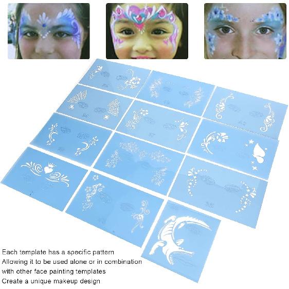 12 Pcs Reusable Face Painting Stencils, PET Body Tattoo Templates for Halloween Christmas Party, DIY Art Design, 20 X 12cm, Easy To Use and Clean
