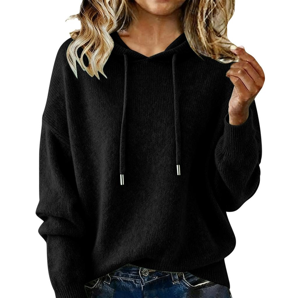 Women S Loose Fit Hooded Knit Pullover Sweater Long Sleeve Solid Color