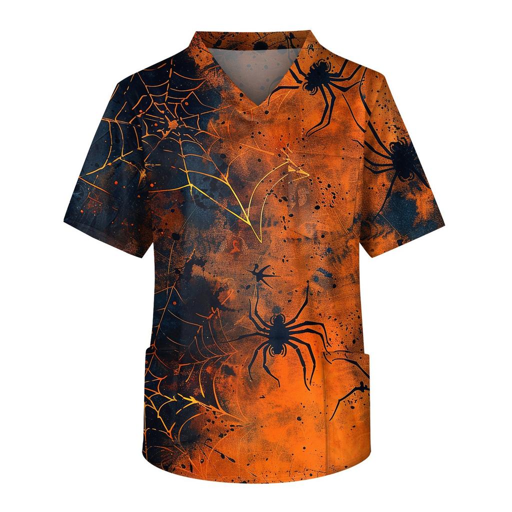 Men's Short Sleeve V-Neck Halloween Print Chest Pocket Care Top