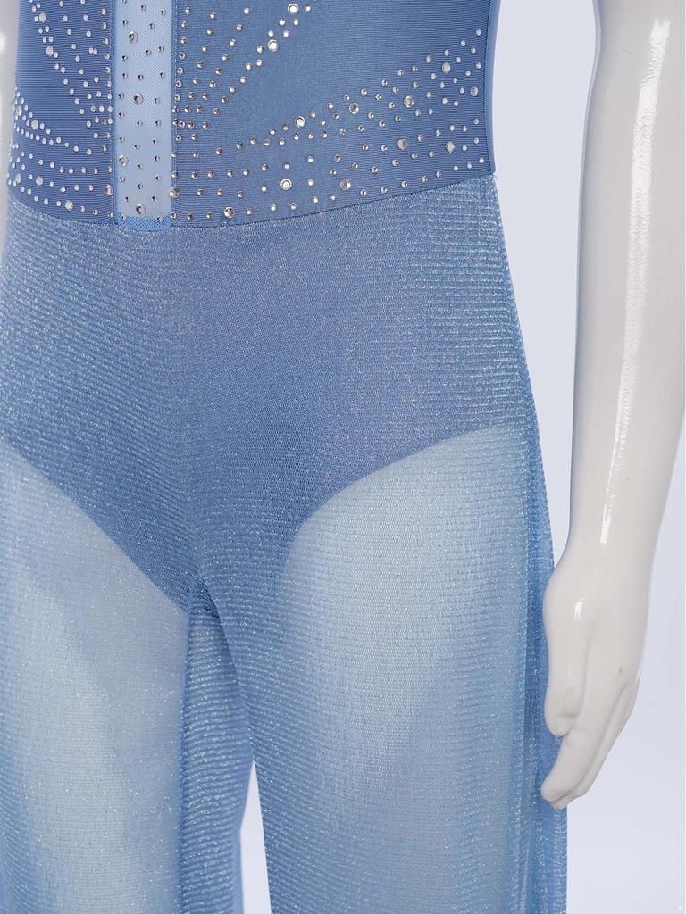 Girls Rhinestone Dance Bodysuit - Shimmery Sleeveless Jumpsuit with Keyhole Back & Side Splits, Built-in Briefs for Performances