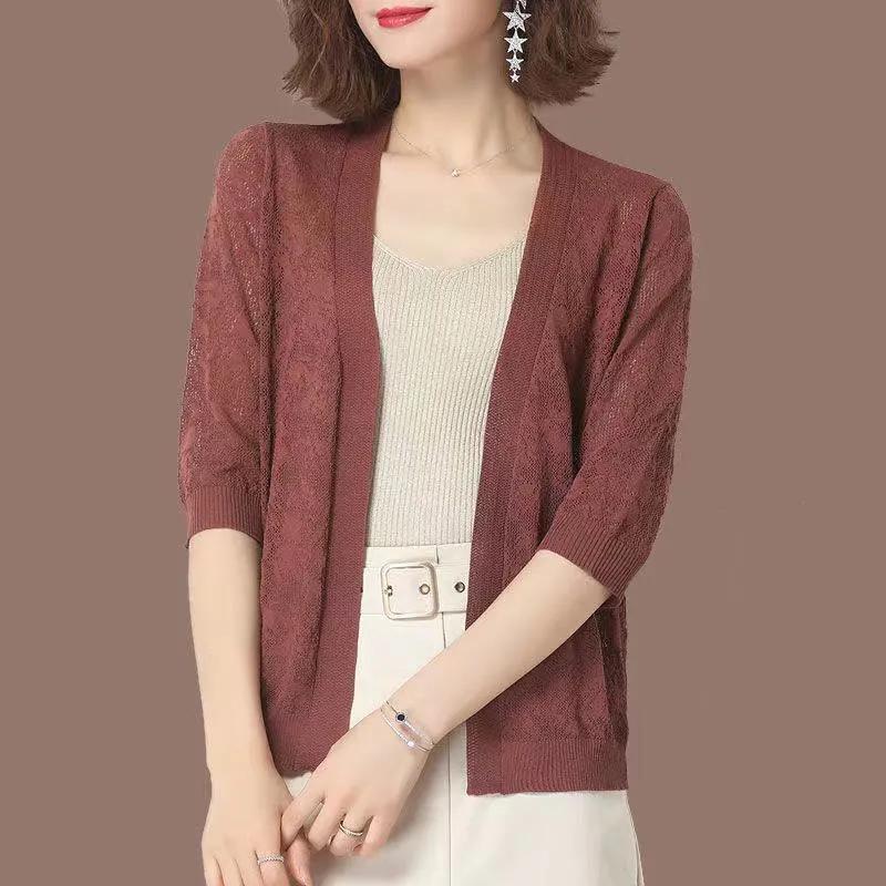 Women's Summer Hollow Out Plus Size Short Knitted Cardigan Design Elegant Loose Medium Sleeve Thin Jacket