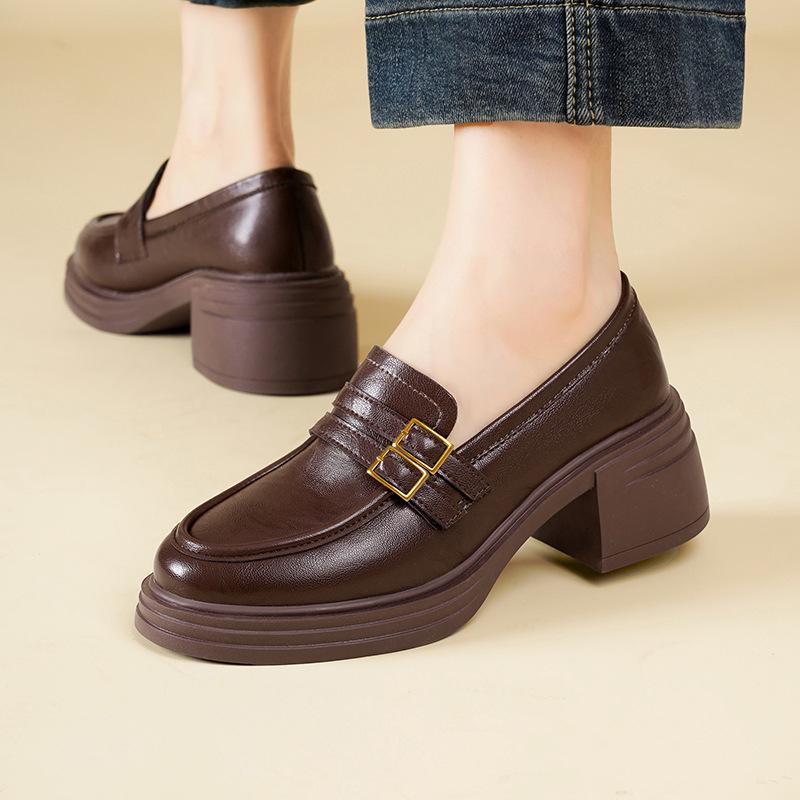 Women's Loafers 2026 Autumn New Comfortable Height Increase Slip on Leather Shoes Fashion Metal Decoration Non Slip High Heels